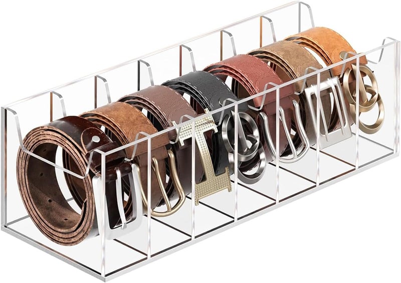 MaxGear Belt Organizer, Acrylic 7 Compartment Belt Storage Rack for Closet, Clear Display Case for Belts, Ties, and Bow Ties - Image 1